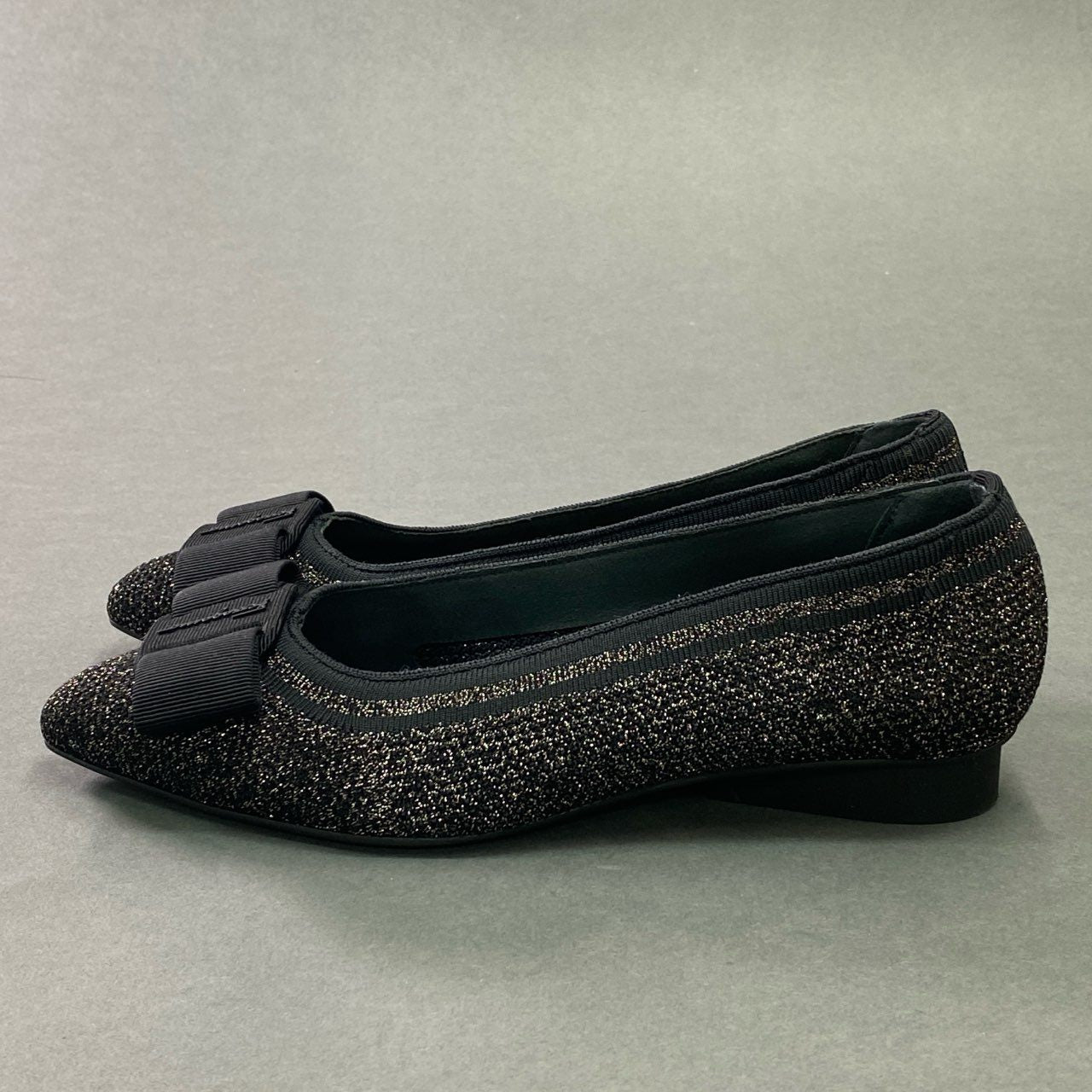 5c21 《美品》 Salvatore Ferragamo サルヴァトーレ フェラガモ VARA ヴァラリボン ラメ入り ソックスパンプス 7 ブラック ゴールド イタリア製 シューズ