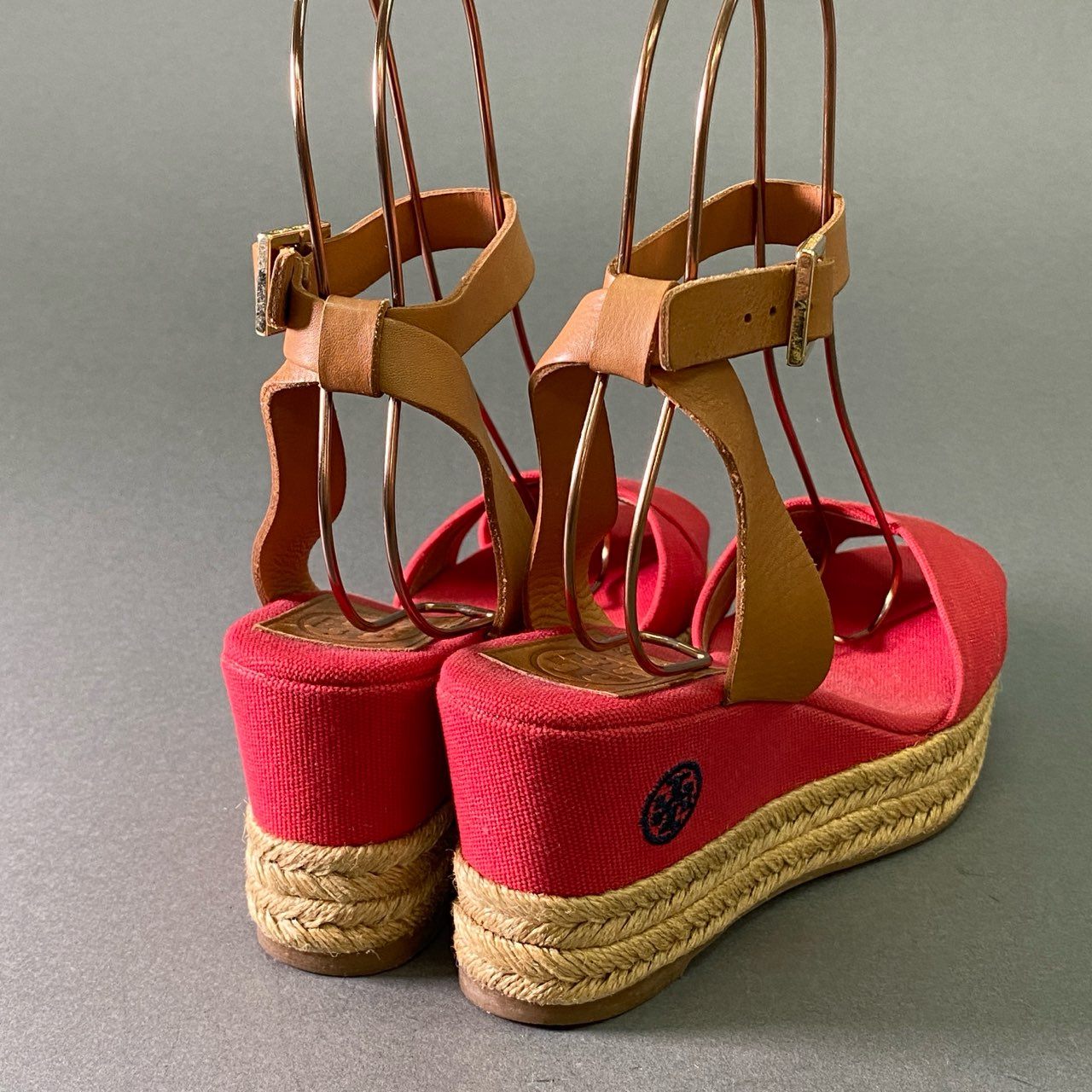 1d22 TORY BURCH トリーバーチ エスパドリーユ レザー キャンバスサンダル 7B レッド 刺繍ロゴ シューズ 夏 スペイン