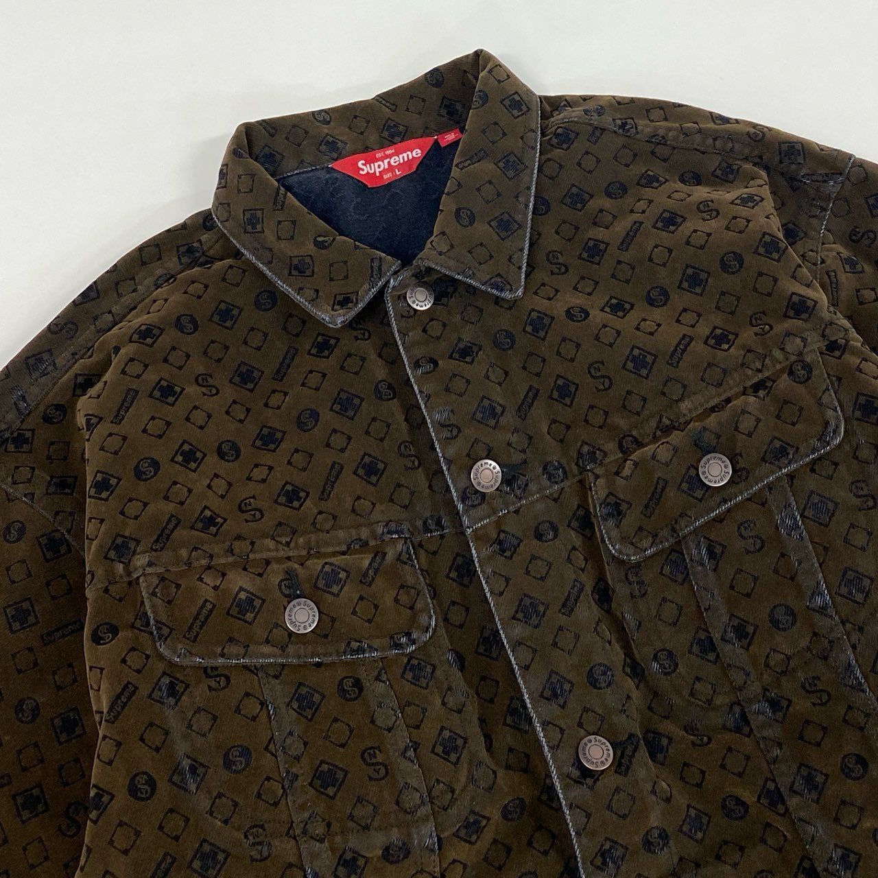 34d4 SUPREME シュプリーム 23SS Flocked Denim Trucker Jacket トラッカージャケット 総柄プリント L ブラウン系