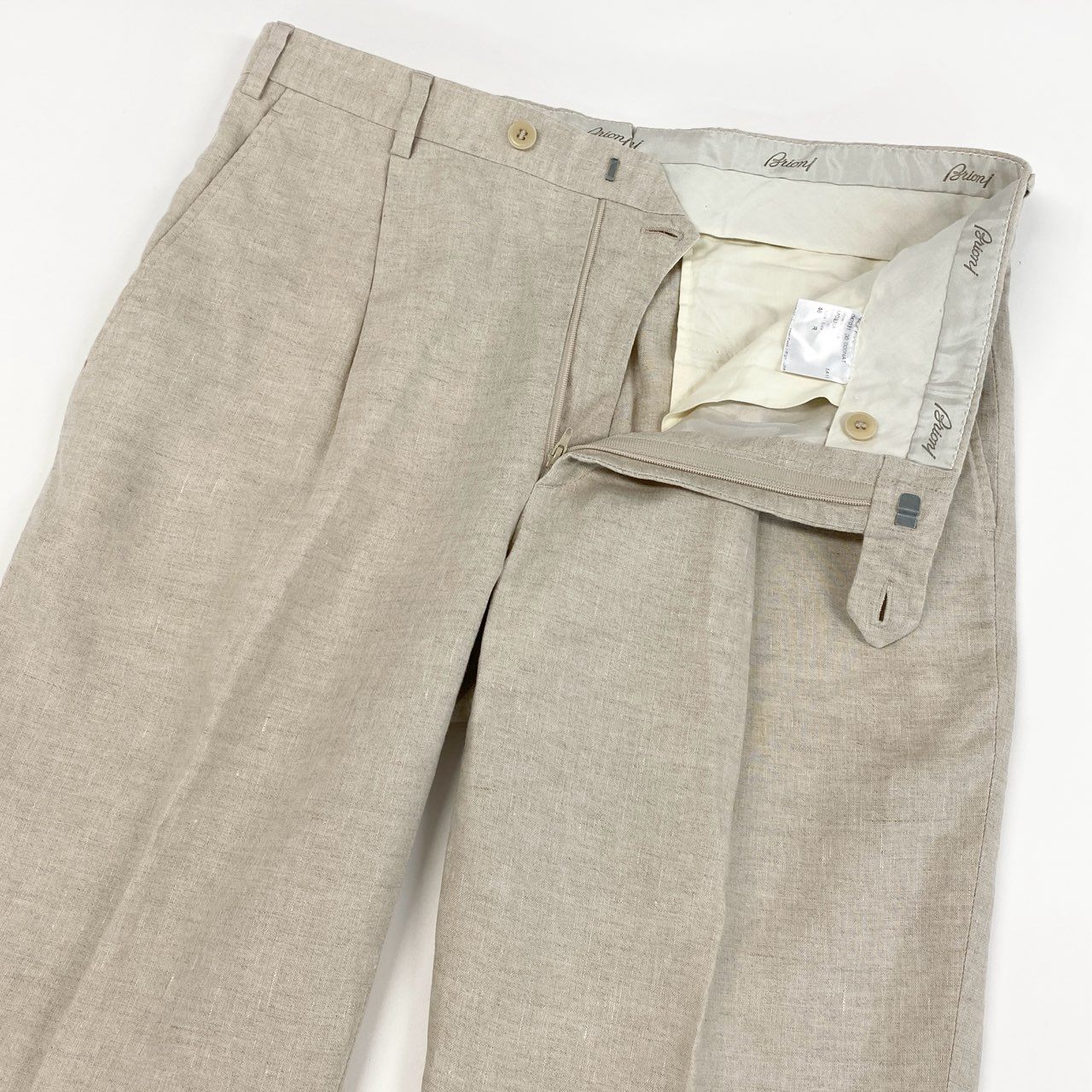 19g28 Brioni ブリオーニ MOENA スラックスパンツ ボトムス トラウザーパンツ イタリア製 48 ベージュ リネン メンズ