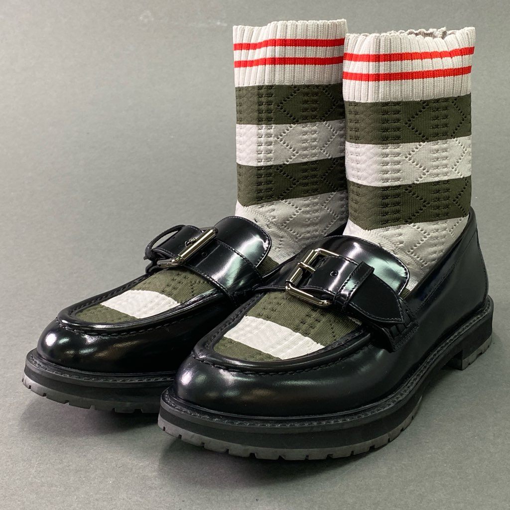3e10 FENDI フェンディ ニットソックスローファー 37 ブラック レザー ピンバックルベルト 革靴 シューズ