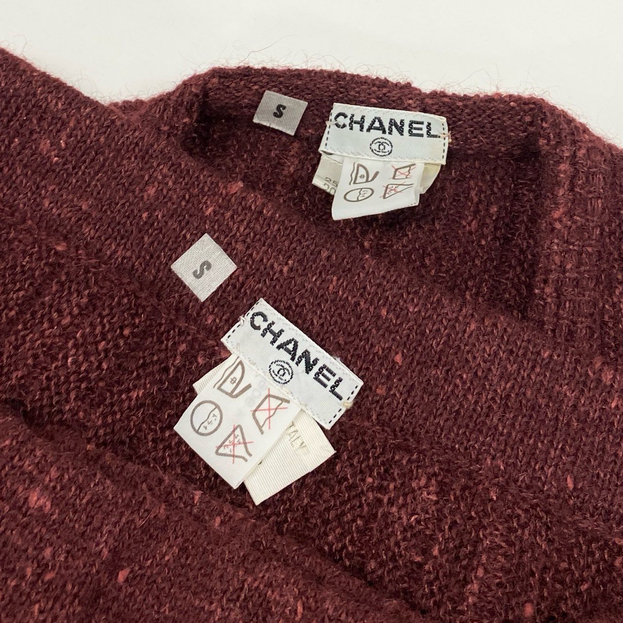 8h4 CHANEL シャネル VINTAGE 金ボタン セットアップ カーディガン 羽織 スカート モヘア Sサイズ ボルドー レディース