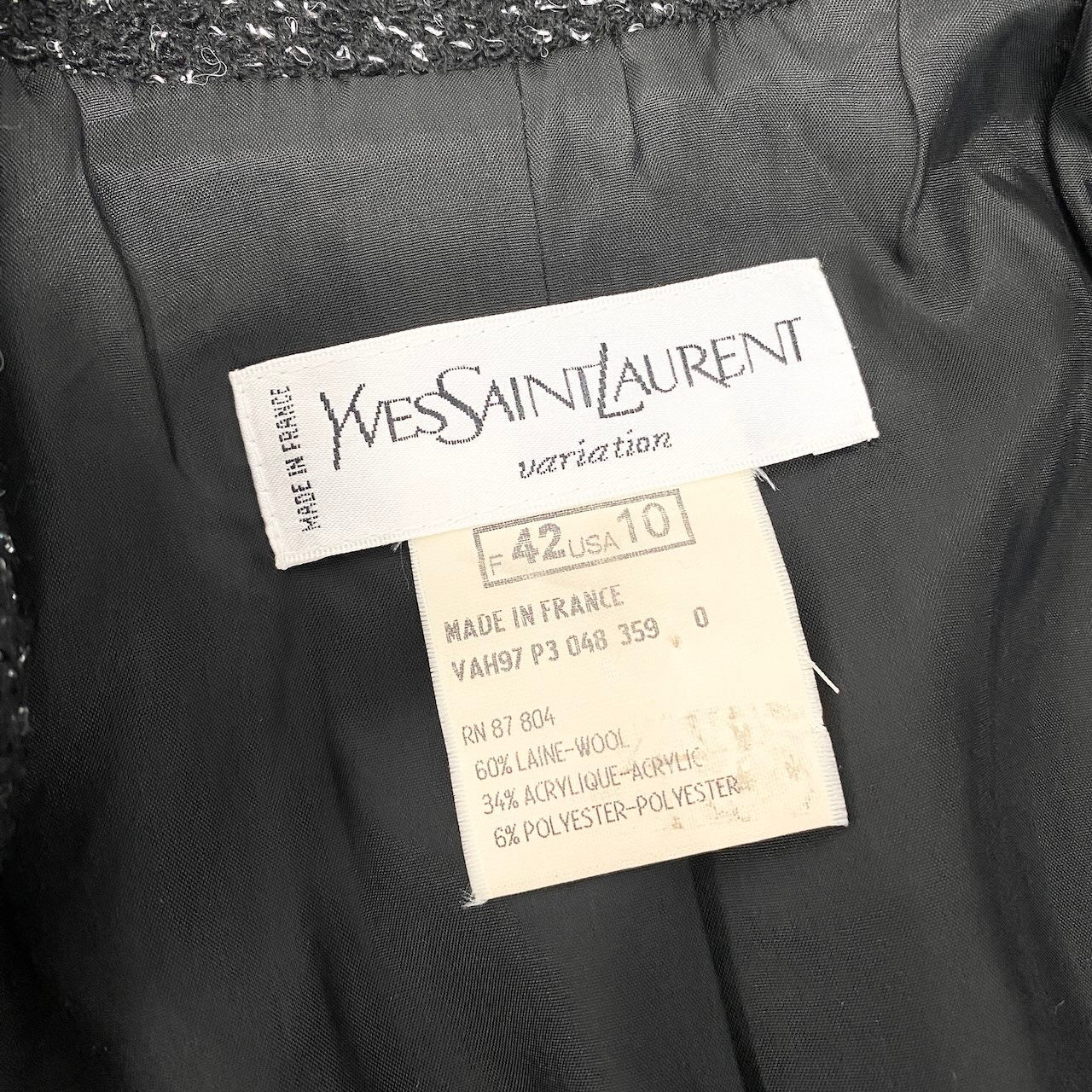 76d9 Yves Saint Laurent イヴサンローラン ツイードジャケット テーラードジャケット ラメニット レザーパイピング ウール混 フランス42 ブラック レディース 女性用o07t