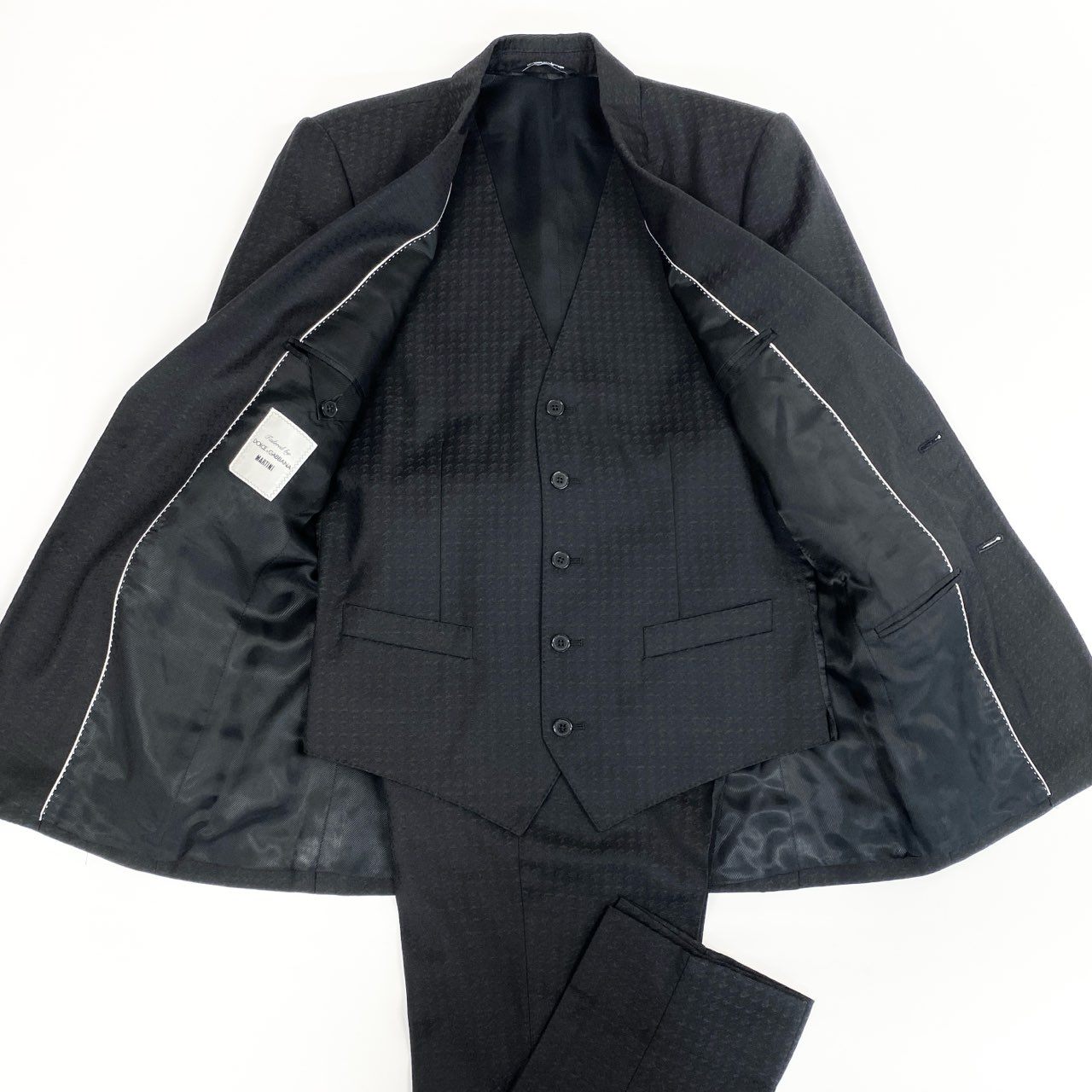 69i26 《美品》DOLCE&GABBANA ドルチェアンドガッバーナ 3ピース セットアップ スーツ MARTINI 総柄 千鳥格子 G1UKMT 44サイズ ブラック メンズk02i