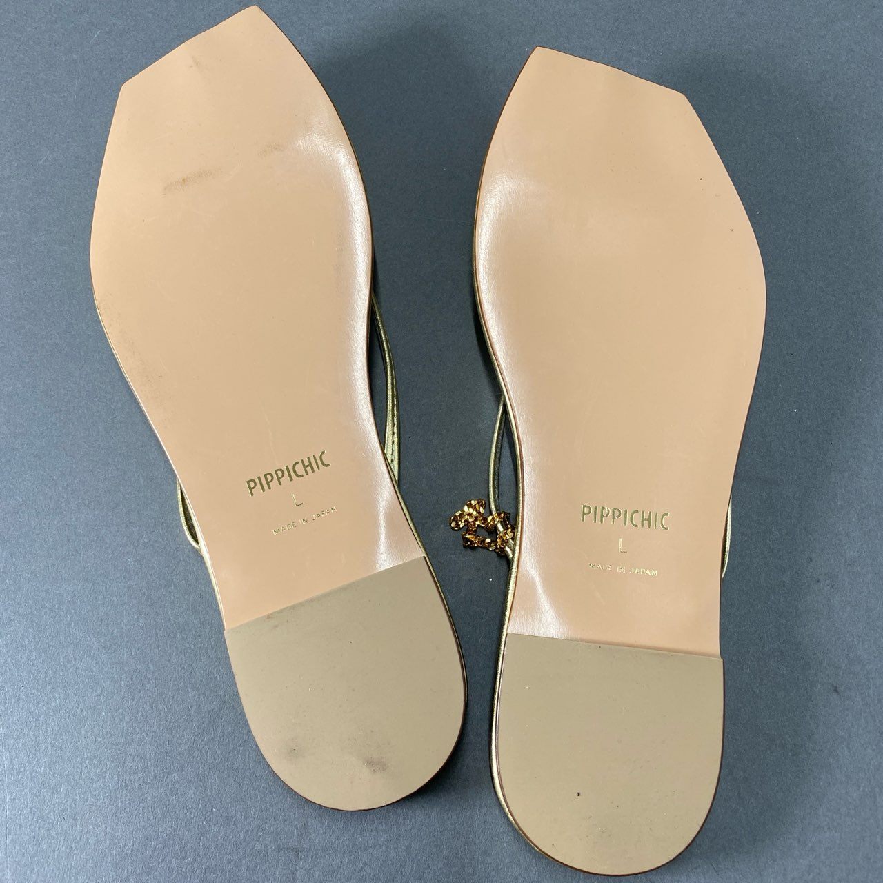 5f17 PIPPICHIC ピッピシック チェーン レザーフラットサンダル L ゴールド leather 日本製 シューズ