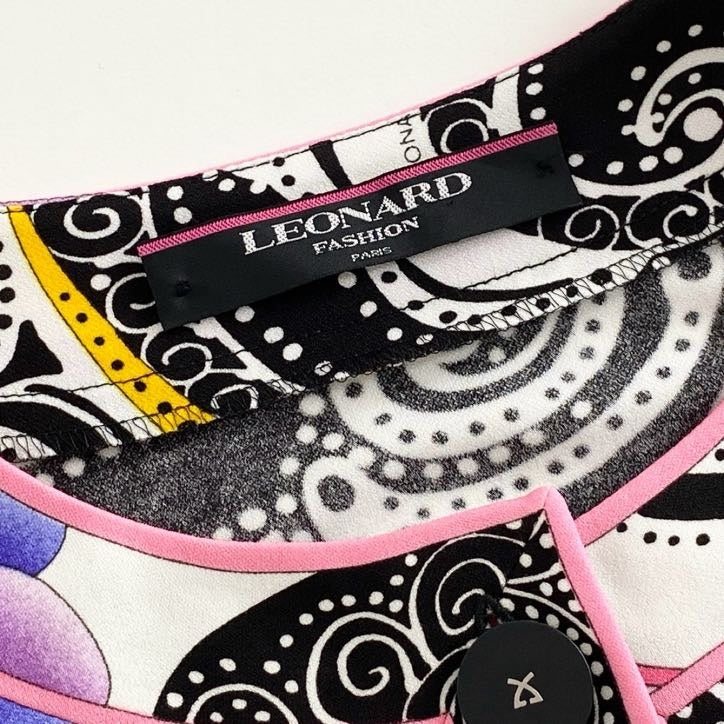 55i26 《美品》 LEONARD レオナール カンカン素地 薄手ノーカラージャケット カーディガン 羽織り 美しいプリント 0159518 サイズL マルチカラー レディース 日本製