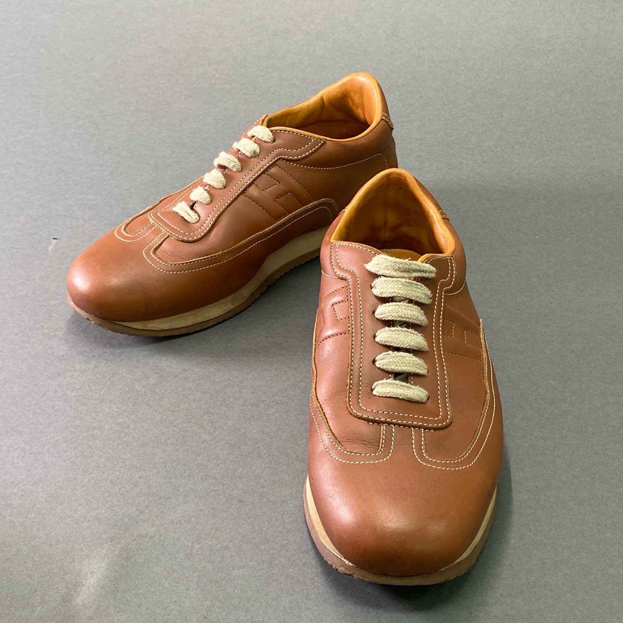 9e26 HERMES エルメス クイック レザースニーカー 41 ライトブラウン Leather シューズ イタリア製