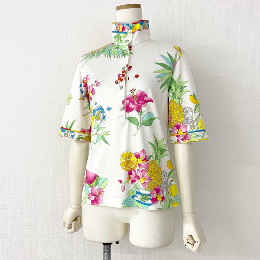 10e8 LEONARD SPORT レオナール スポーツ 半袖ポロシャツ カットソー トップス 美しい花柄プリント サイズ38 マルチカラー コットン100% レディース 日本製