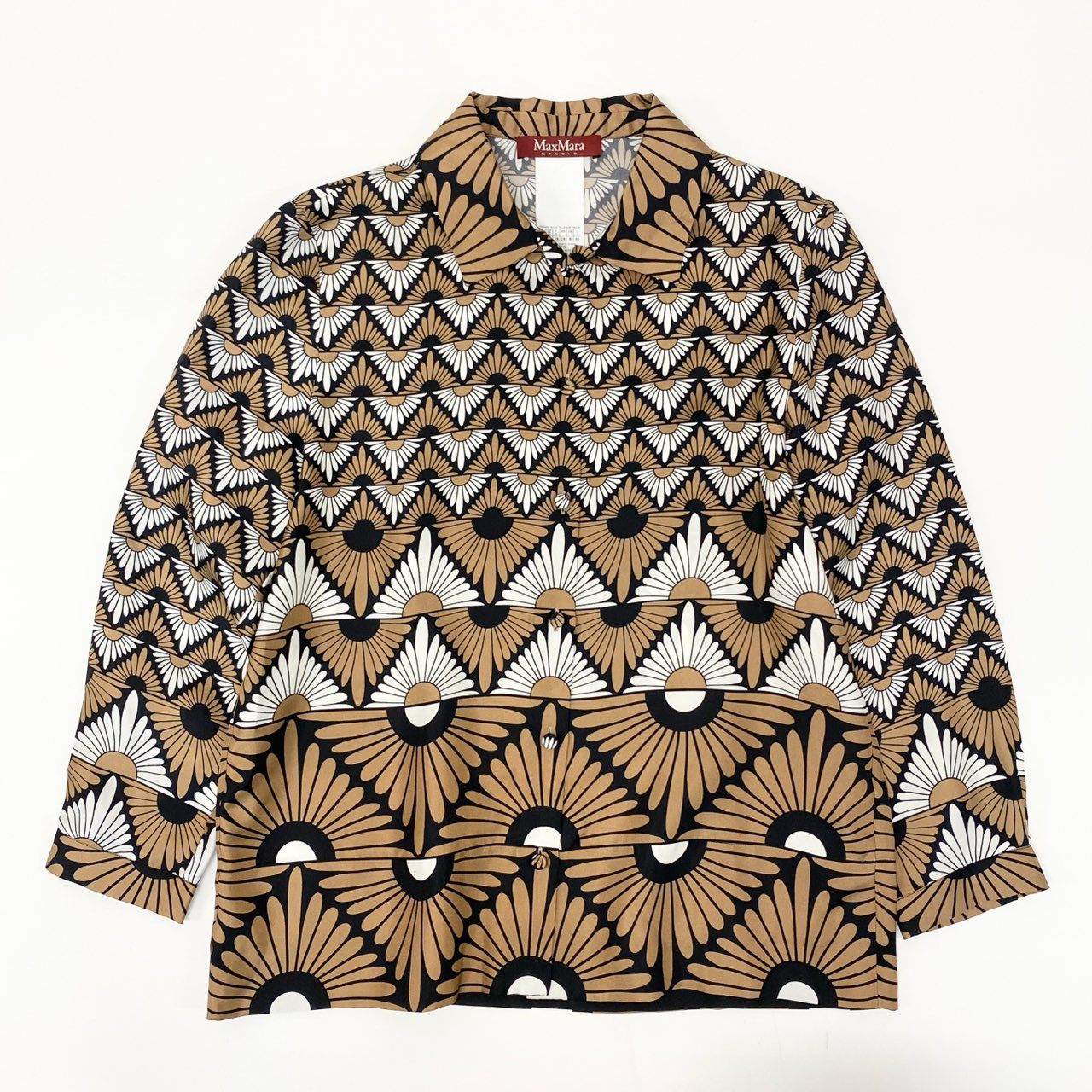 72j15《美品》MaxMara マックスマーラ シルクシャツ 長袖シャツ 幾何学模様 40サイズ ブラウン ホワイト ブラック レディースu02t