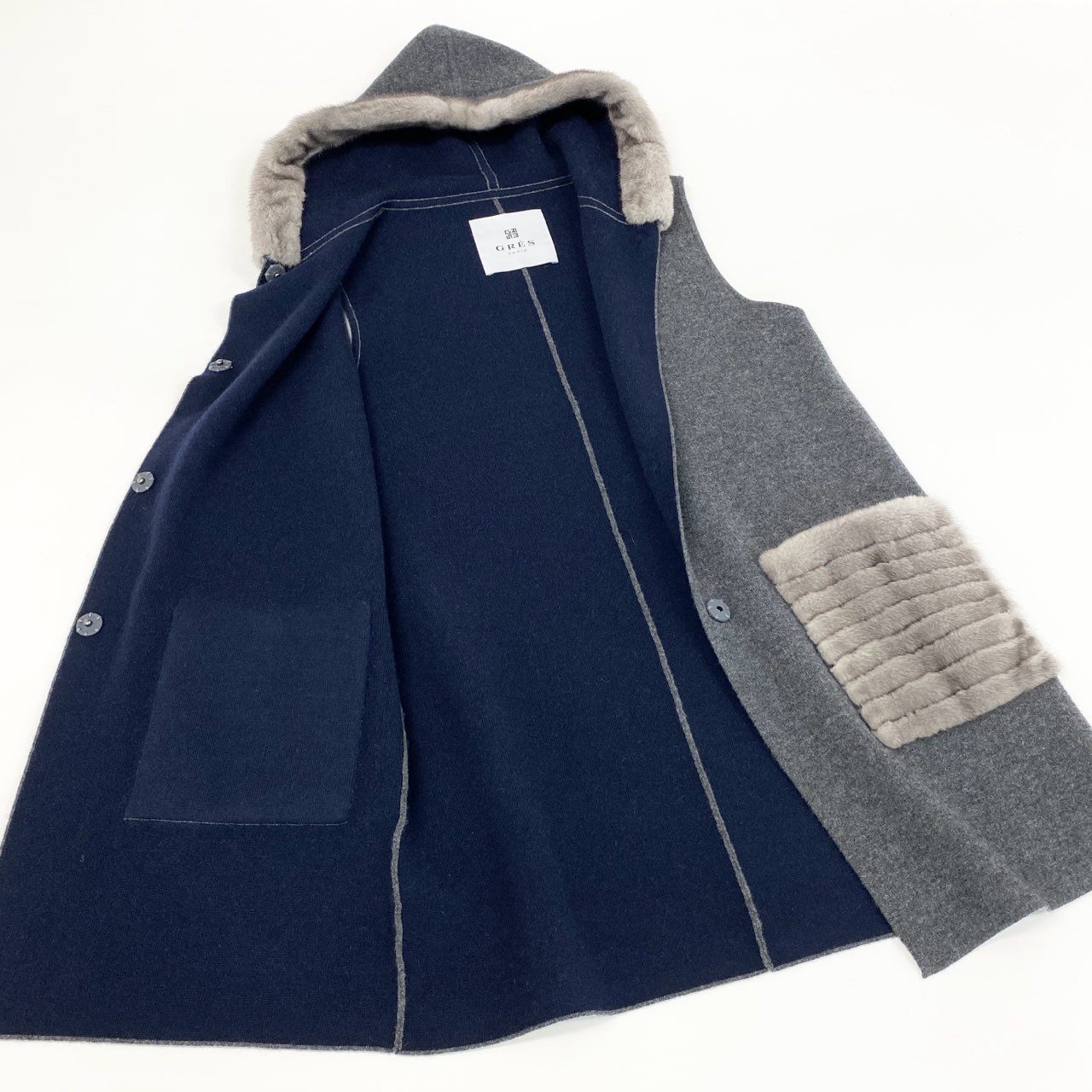 58f20 【新品】定価66万円 GRES PARIS グレ パリ ブルーアイリスミンク ダブルフェイス カシミヤ100% ニットベストコート カシミヤコート サイズL レディース 婦人服 ニットベスト アウター
