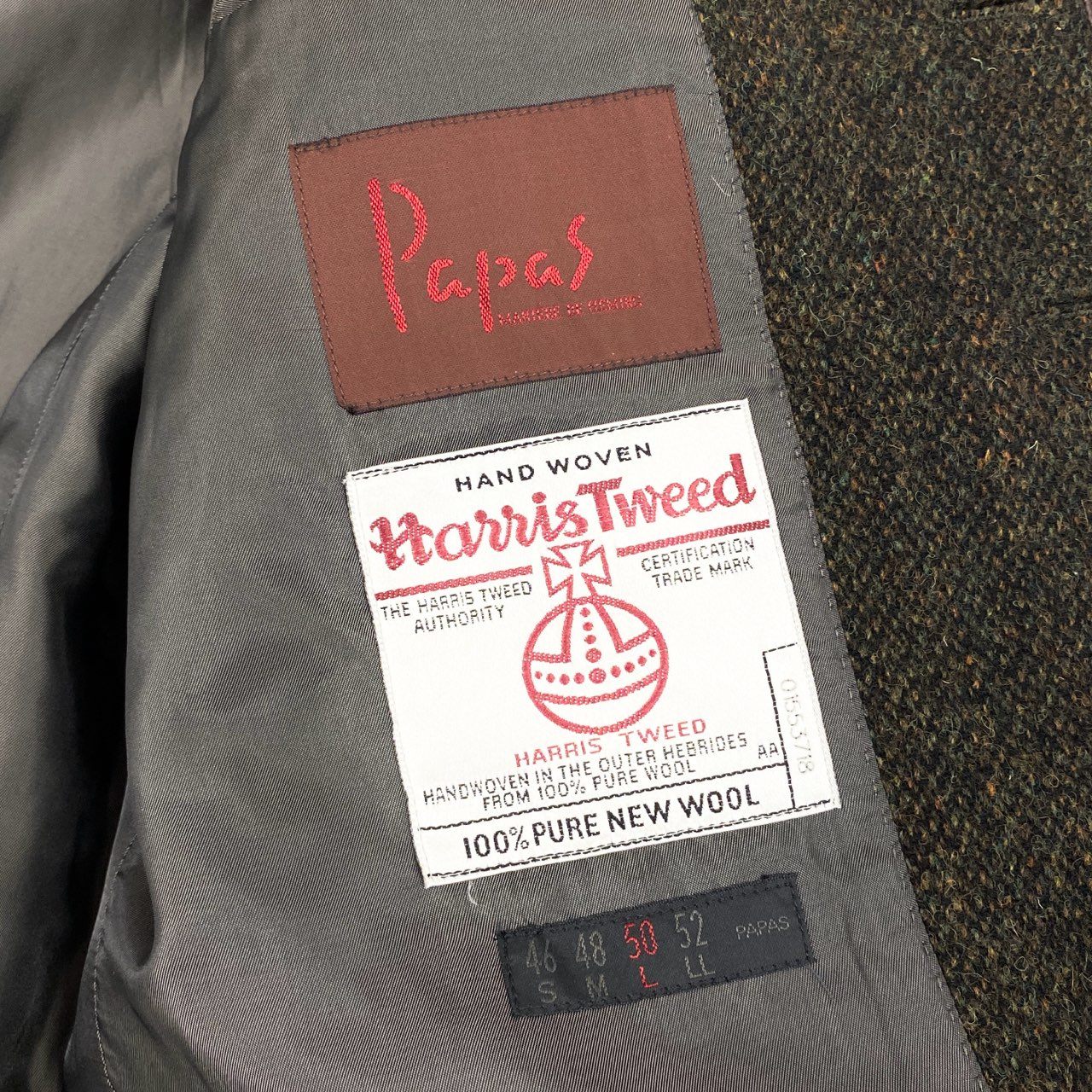 51f3 Papas パパス Harris Tweed ハリスツイード ノーカラー ツイードジャケット オーバーサイズ レザーパイピング アウター 50 L グリーン カーキ系 ウール 牛革