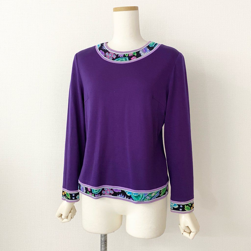 34d10 LEONARD レオナール ハイゲージ ニット セーター 美しい花柄プリント切替 サイズL パープル ウール100% レディース 日本製