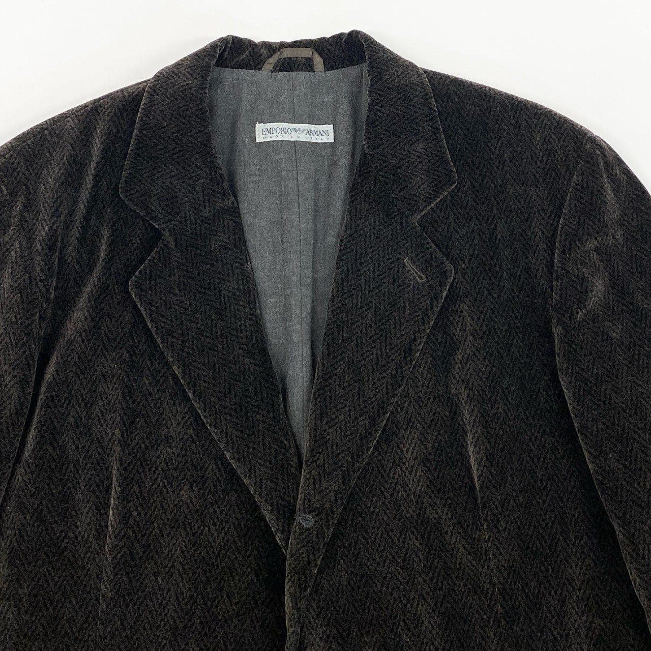 49i11 EMPORIO ARMANI エンポリオアルマーニ ベロアジャケット ヘリンボーン テーラードジャケット 90’s~00’s メンズ 男性用 1492246 48 ブラウン コットン100%u02t