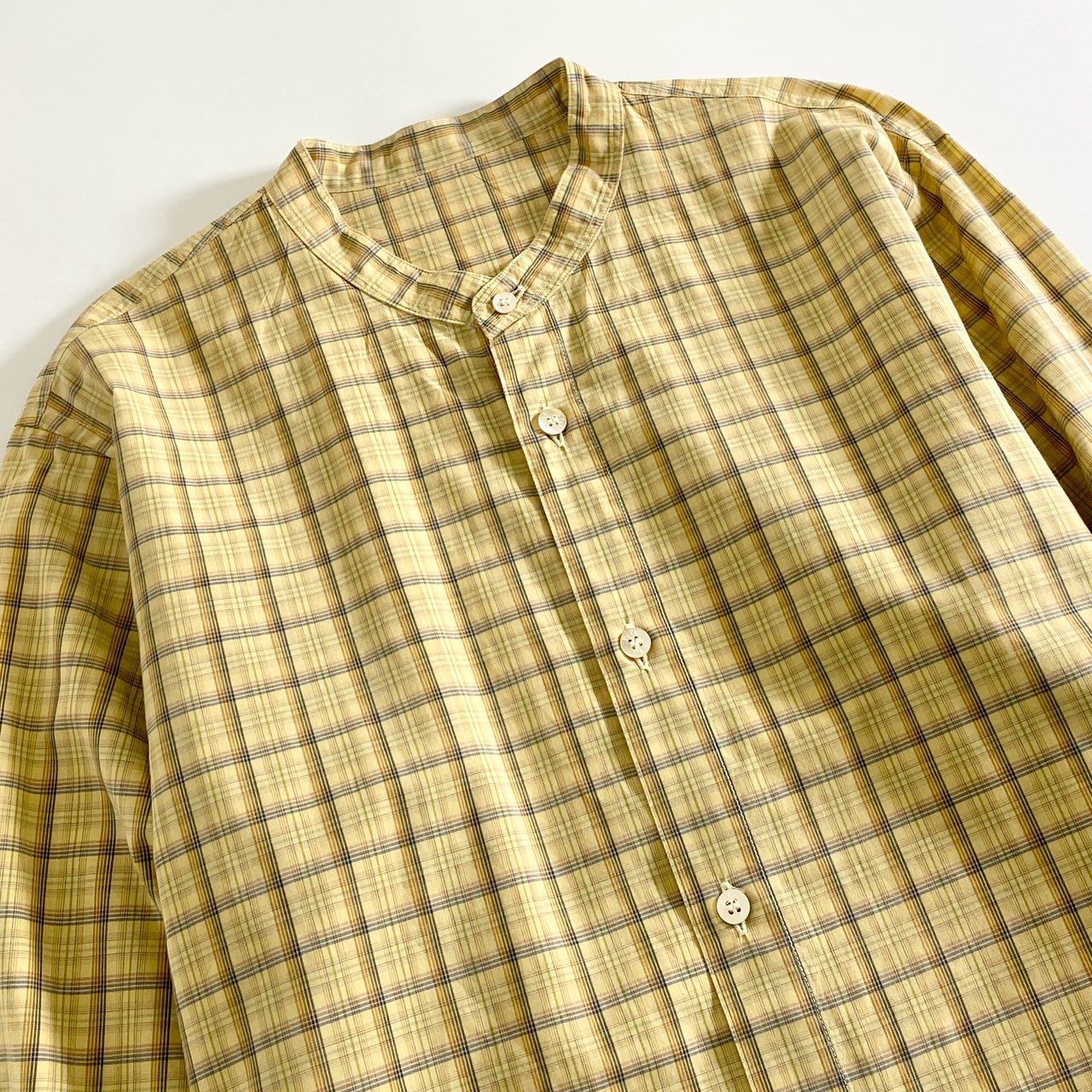 77d12 日本製 Papas パパス 長袖シャツ チェックシャツ バンドカラーシャツ M イエロー×ホワイト コットン100% メンズ 紳士服