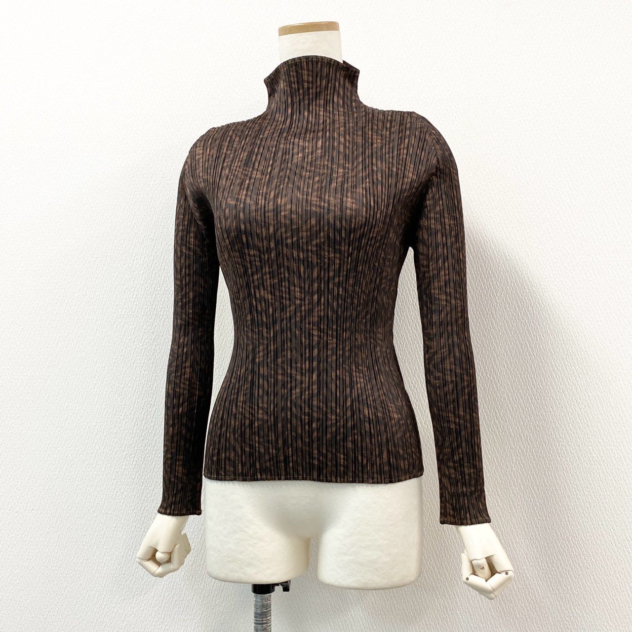 42h22 PLEATS PLEASE プリーツプリーズ イッセイミヤケ プリーツ加工 長袖カットソー トップス PP43-JK961 サイズ3 ブラウン 総柄 ポリエステル レディースu02t