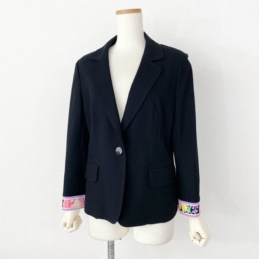 2f14-1 《美品》 LEONARD FASHION レオナール テーラードジャケット ブレザー コットンピケ 美しい花柄プリント切替 0351261 サイズ13AR ブラック コットン100% レディース