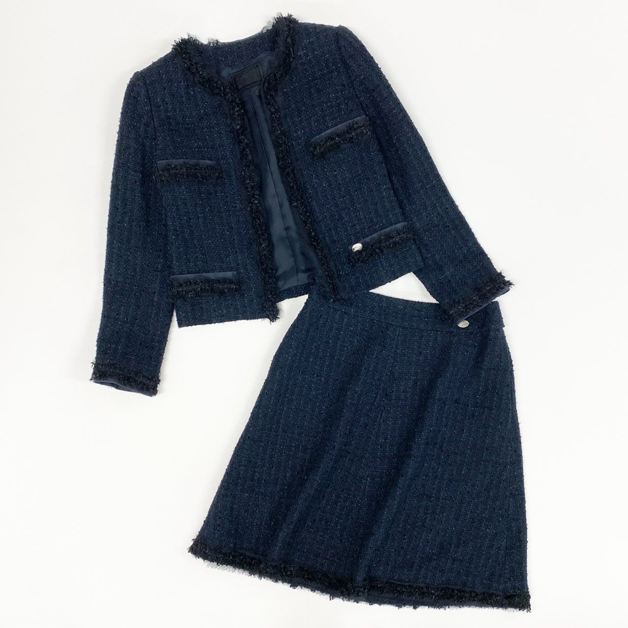 76a14 《美品》 FOXEY フォクシー クラシックツイード セットアップ ノーカラージャケット スカート 35283 38 ミッドナイトブルー セレモニー 日本製 結婚式