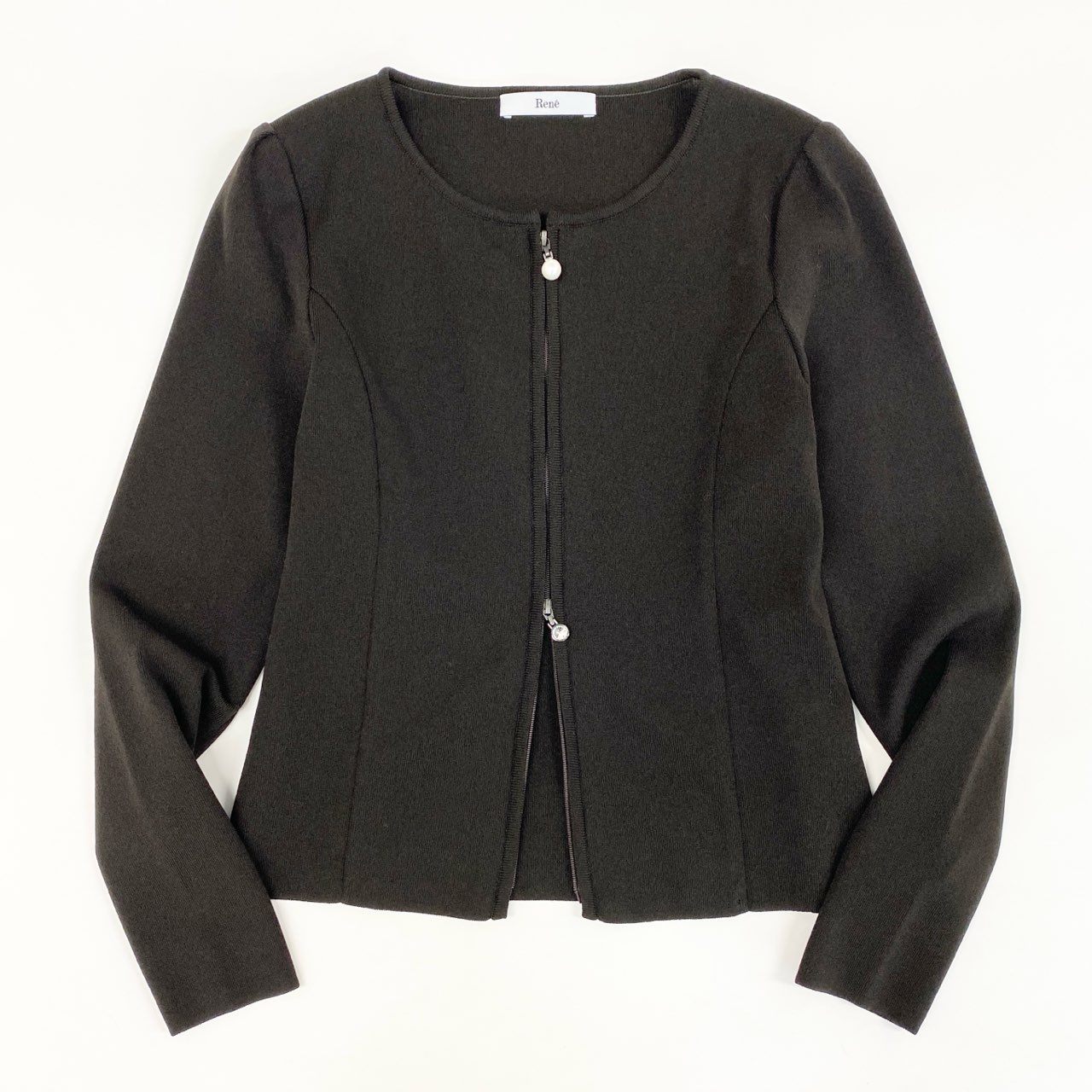 29d11 《美品》 Rene ルネ パール&ビジュー ダブルジップカーディガン 6232360 36 ブラウン ストレッチ 伸縮性◎ 日本製