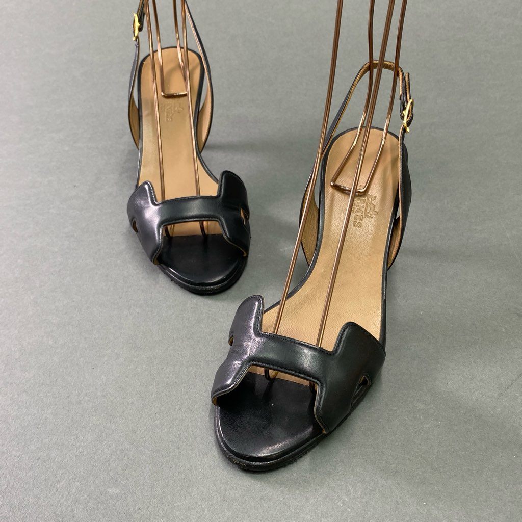6d6 《美品》 HERMES エルメス Hロゴ ナイト サンダル 35 1/2 ブラック レザー オアジス オランH シューズ イタリア製 夏