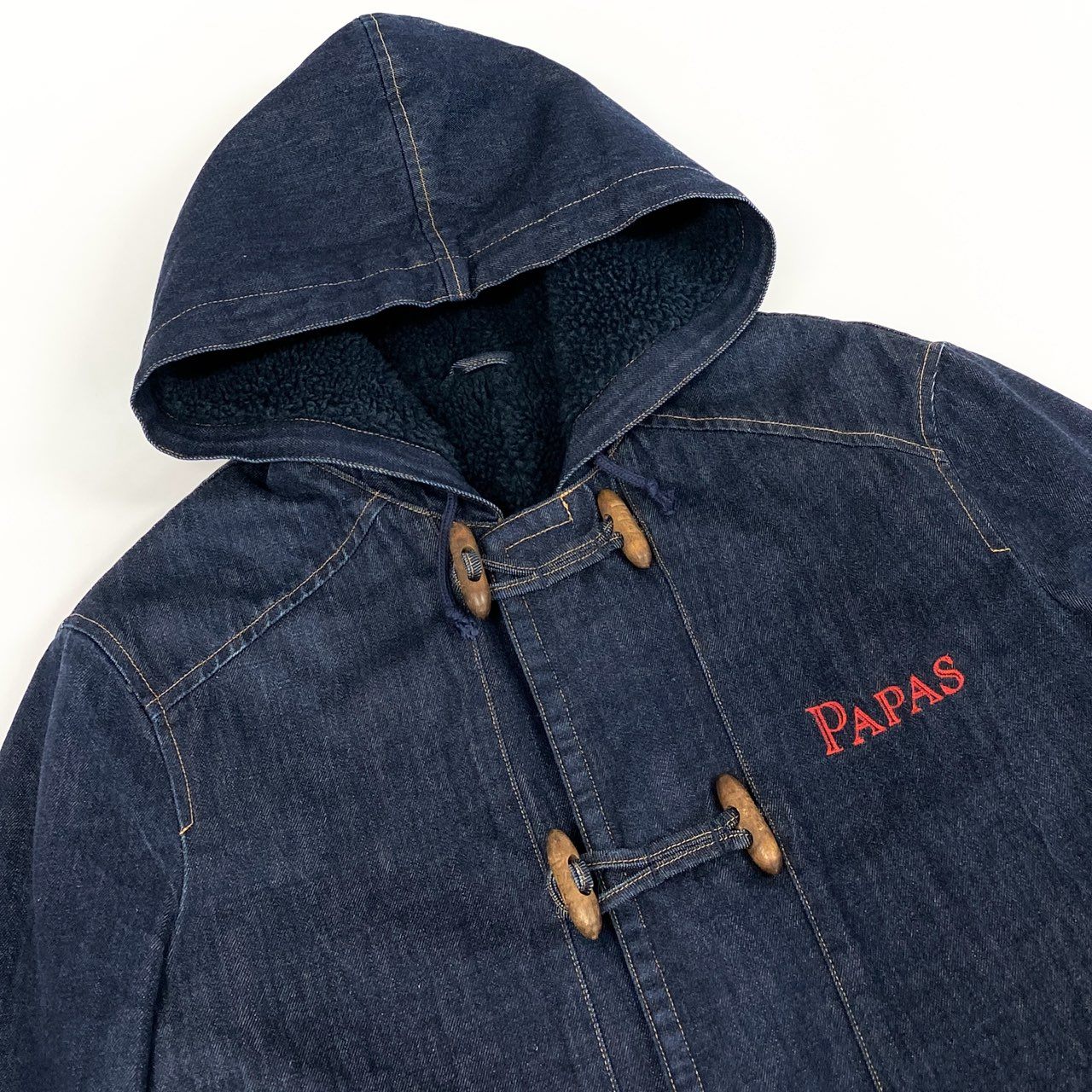 17e7 Papas パパス デニム ダッフルコート ロゴ刺繍 トグルボタン アウター フーディ カバーオール 50 Lサイズ インディゴ コットン