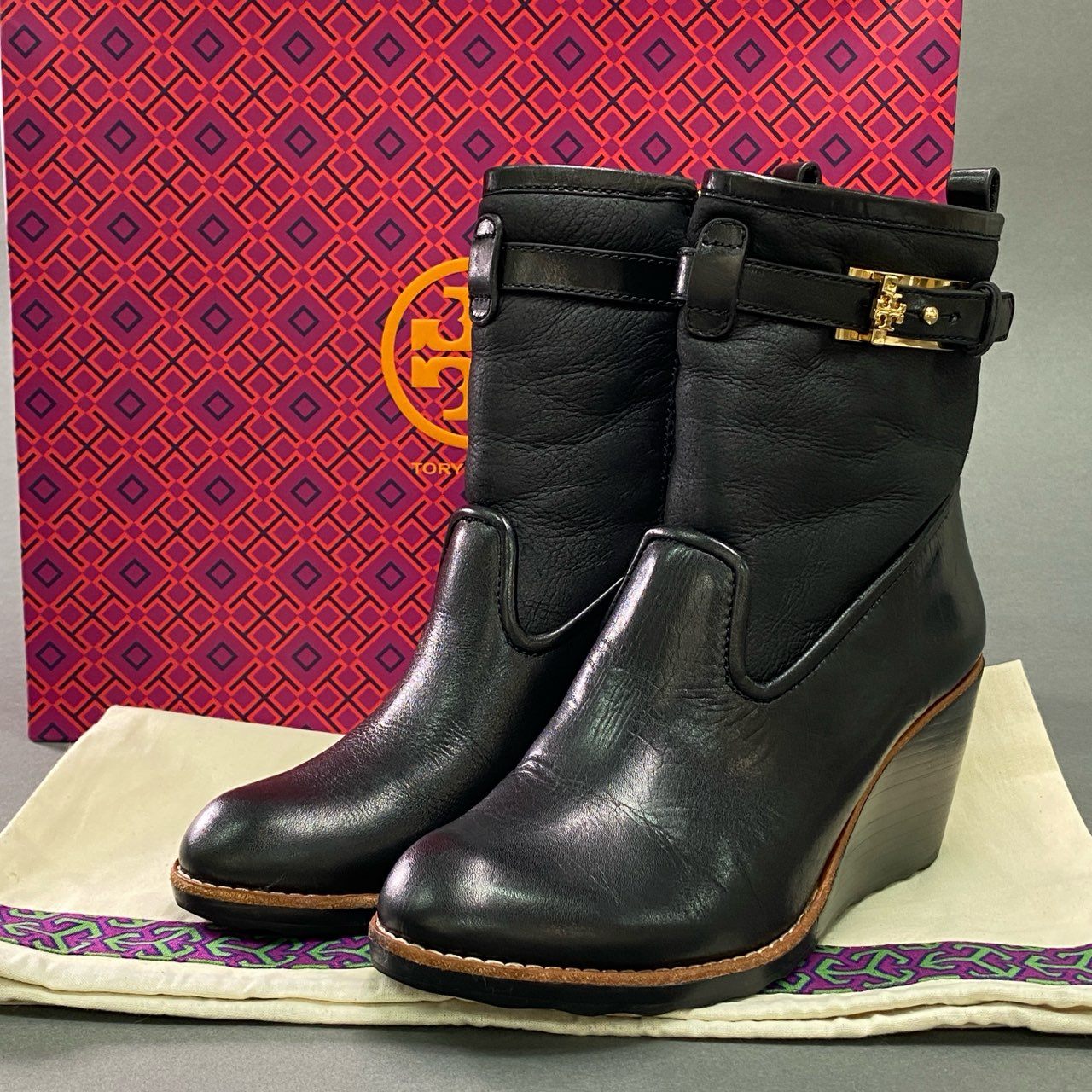 14c19 TORY BURCH トリーバーチ ムートンショートブーツ ウェッジソール 7 ブラック レザー シューズ 箱付き 冬