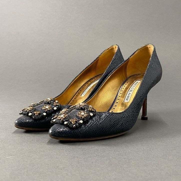 6h14 MANOLO BLAHNIK マノロブラニク Hangisi ハンギシ ビジュー ラインストーンパンプス 37 ネイビー シューズ イタリア製
