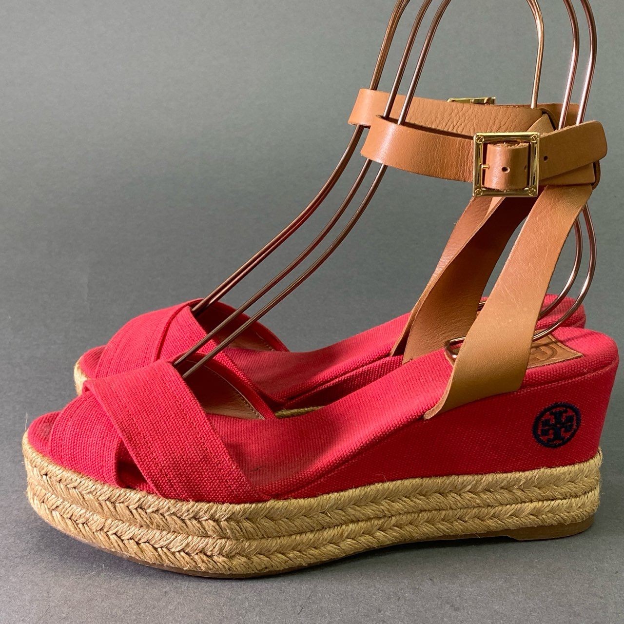 1d22 TORY BURCH トリーバーチ エスパドリーユ レザー キャンバスサンダル 7B レッド 刺繍ロゴ シューズ 夏 スペイン