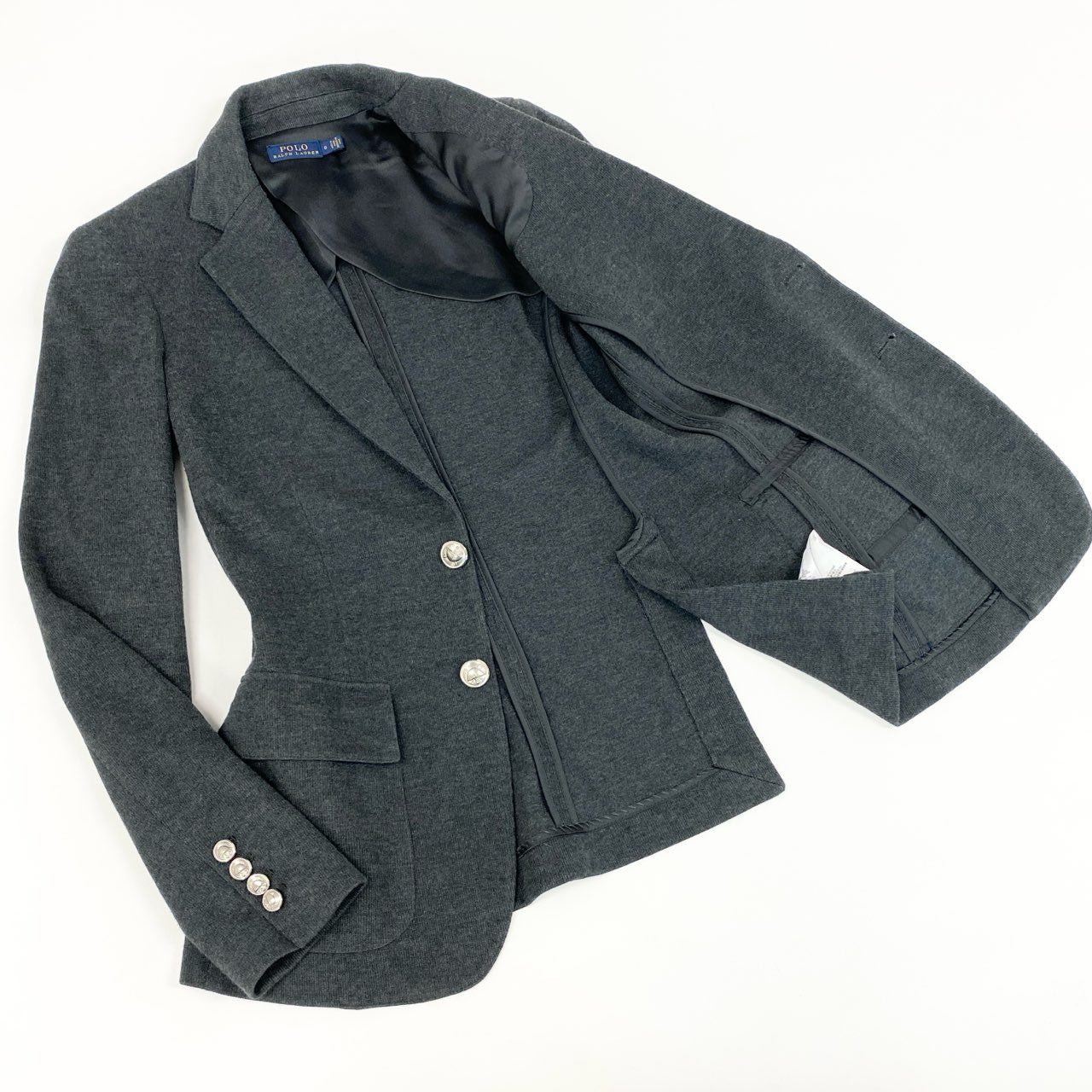 5d2 《美品》 POLO RALPH LAUREN ポロラルフローレン ロゴワッペン テーラードジャケット ブレザー ニットジャケット 0 グレー