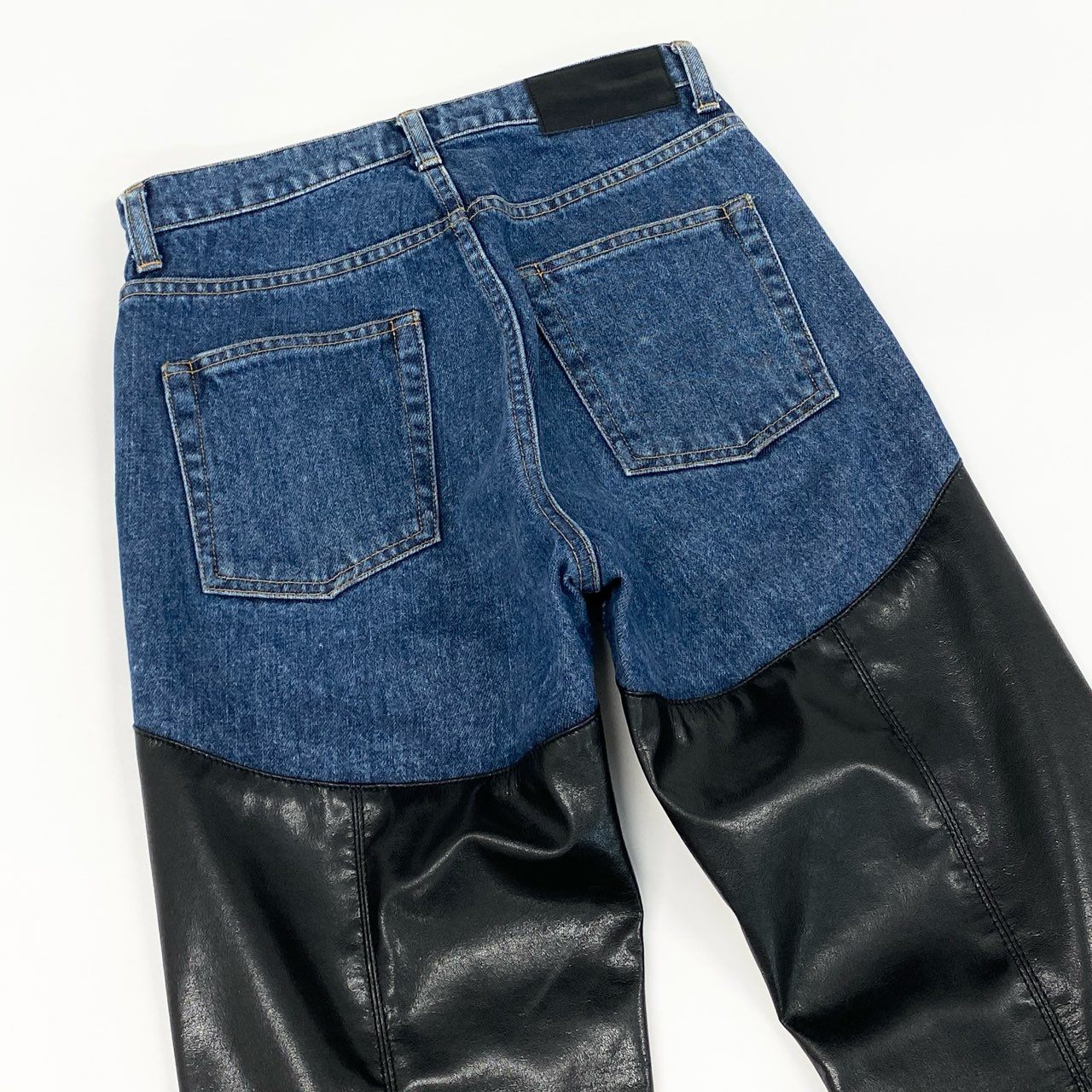 66g8 【美品】 JOHN LAWRENCE SULLIVAN ジョンローレンスサリバン 切替デニムパンツ ジーンズ レザーバイカラーパンツ ヴィーガンレザー レディース 女性用 JLSW-38 XS ブルー×ブラック