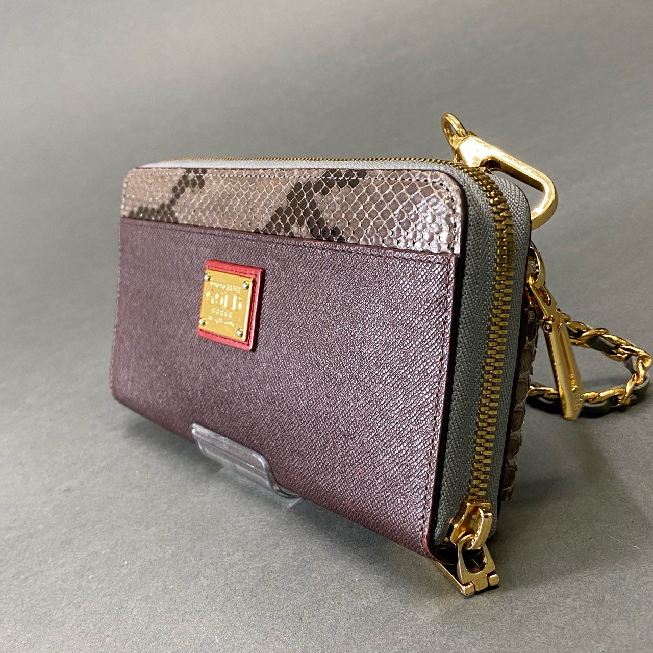 g29《美品》 COCOCELUX GOLD ココセリュクス ゴールド チェーン パイソンウォレット グレー ボルドー レザー エキゾチック ポーチ バッグ