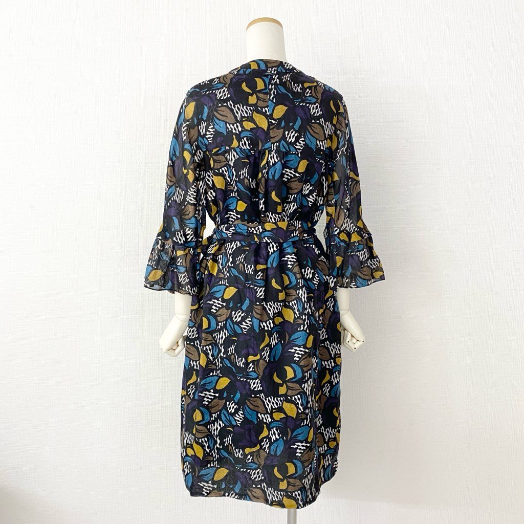 23h21 《未使用保管品》 定価¥82,500 タグ付 S MaxMara エスマックスマーラ 長袖ワンピース ドレス ロングスリーブ ウエストベルト 総柄プリント 前開き 38 ネイビー ラミー