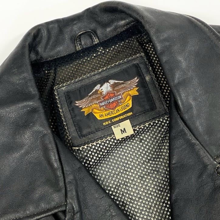 67g24 HARLEY DAVIDSON ハーレーダビッドソン 90周年記念 ダブルライダースjケット レザー ロゴ刺繍 M ブラック 牛革 メンズ_