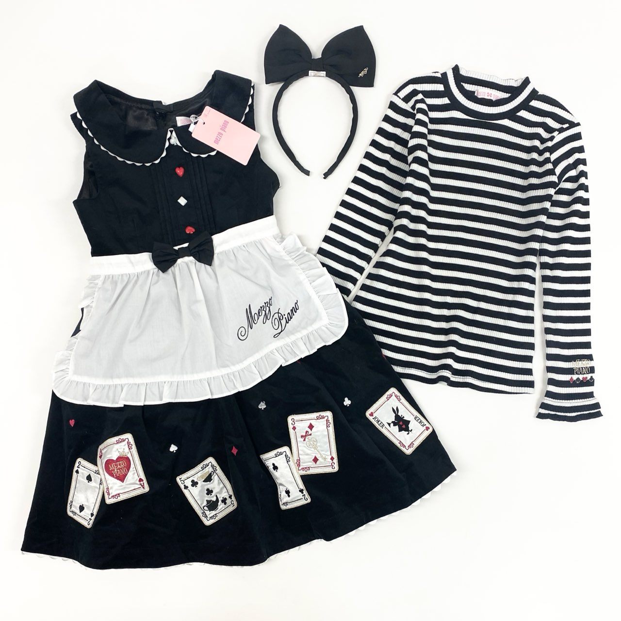 53e2 【未使用保管品】タグ付 mezzo piano メゾピアノ アリス4点セット 長袖Tシャツ ジャンパースカート エプロン カチューシャ 女の子 子供服 6044313-350 130 ブラック