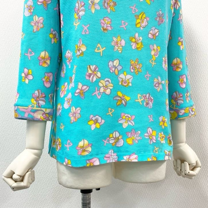 80g23 【美品】 LEONARD レオナール 七分袖カットソー トップス ストレッチ Vネックカットソー コットン 花柄 レディース 女性用 0528252 42 グリーン マルチカラー 綿100%