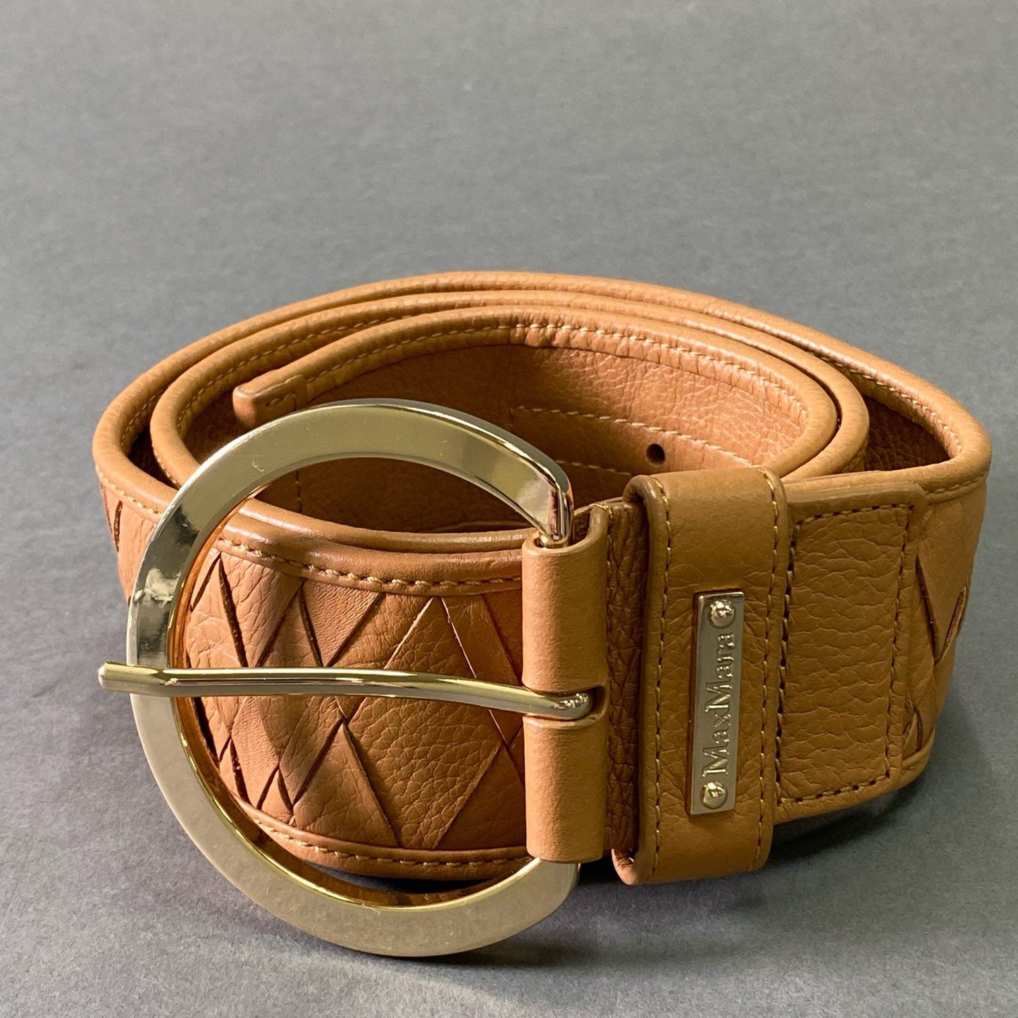 e8 《美品》 Max Mara マックスマーラ 編み込み レザーベルト S ブラウン ゴールド Leather イントレチャート