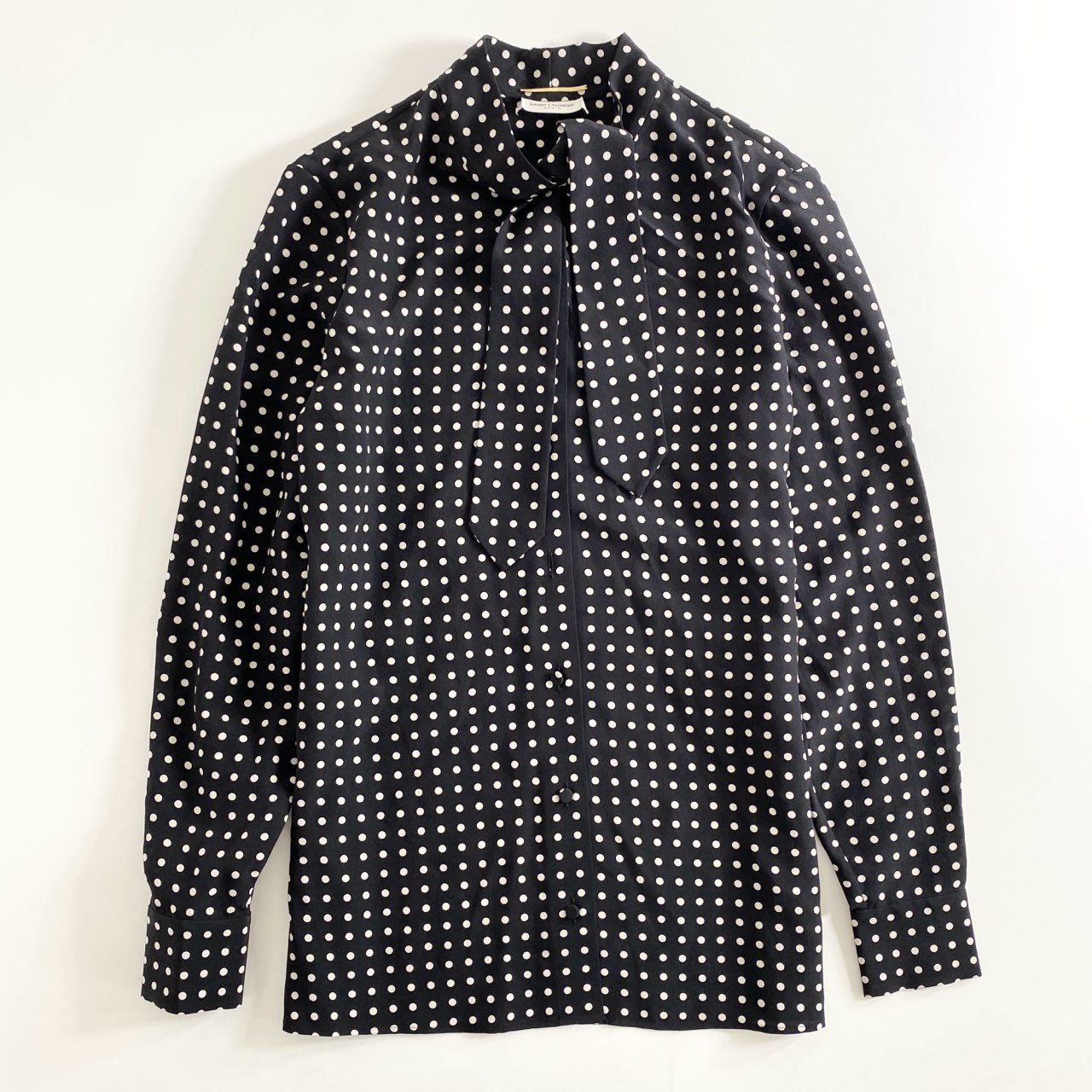 26e24 フランス製 SAINT LAURENT PARIS サンローラン ボウタイブラウス ポルカドット 長袖シャツ トップス ブラック×ホワイト シルク100% レディース