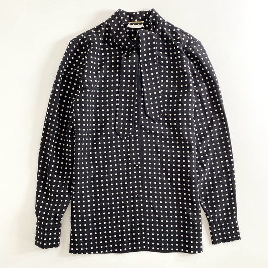 26e24 フランス製 SAINT LAURENT PARIS サンローラン ボウタイブラウス ポルカドット 長袖シャツ トップス ブラック×ホワイト シルク100% レディース