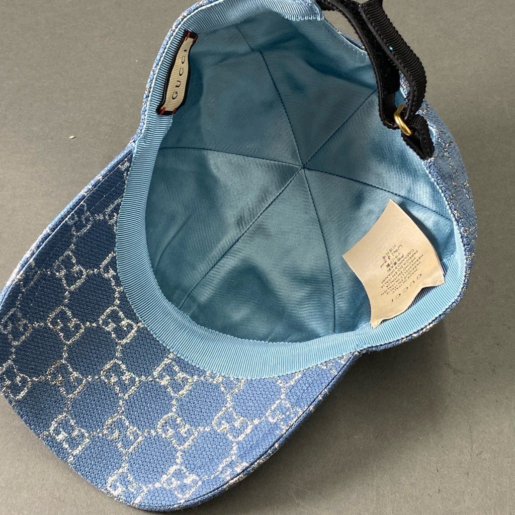 f6 GUCCI グッチ GGラメ ベースボールキャップ 631953 S 56cm ブルー 帽子 6パネル CAP イタリア製
