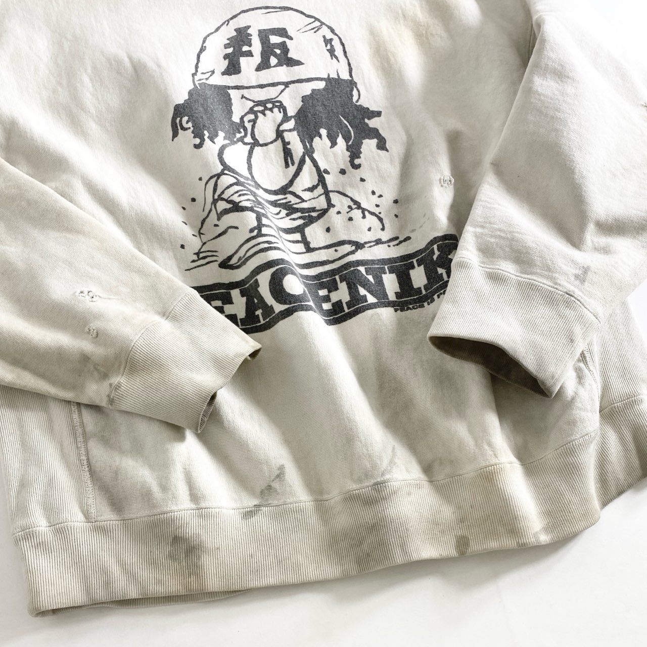 25e26 BOWWOW バウワウ ”YOKO” SWEAT SHIRTS PEACENIK クルーネック スウェット トレーナー ヴィンテージ加工 Lサイズ ライトグレー コットン 日本製
