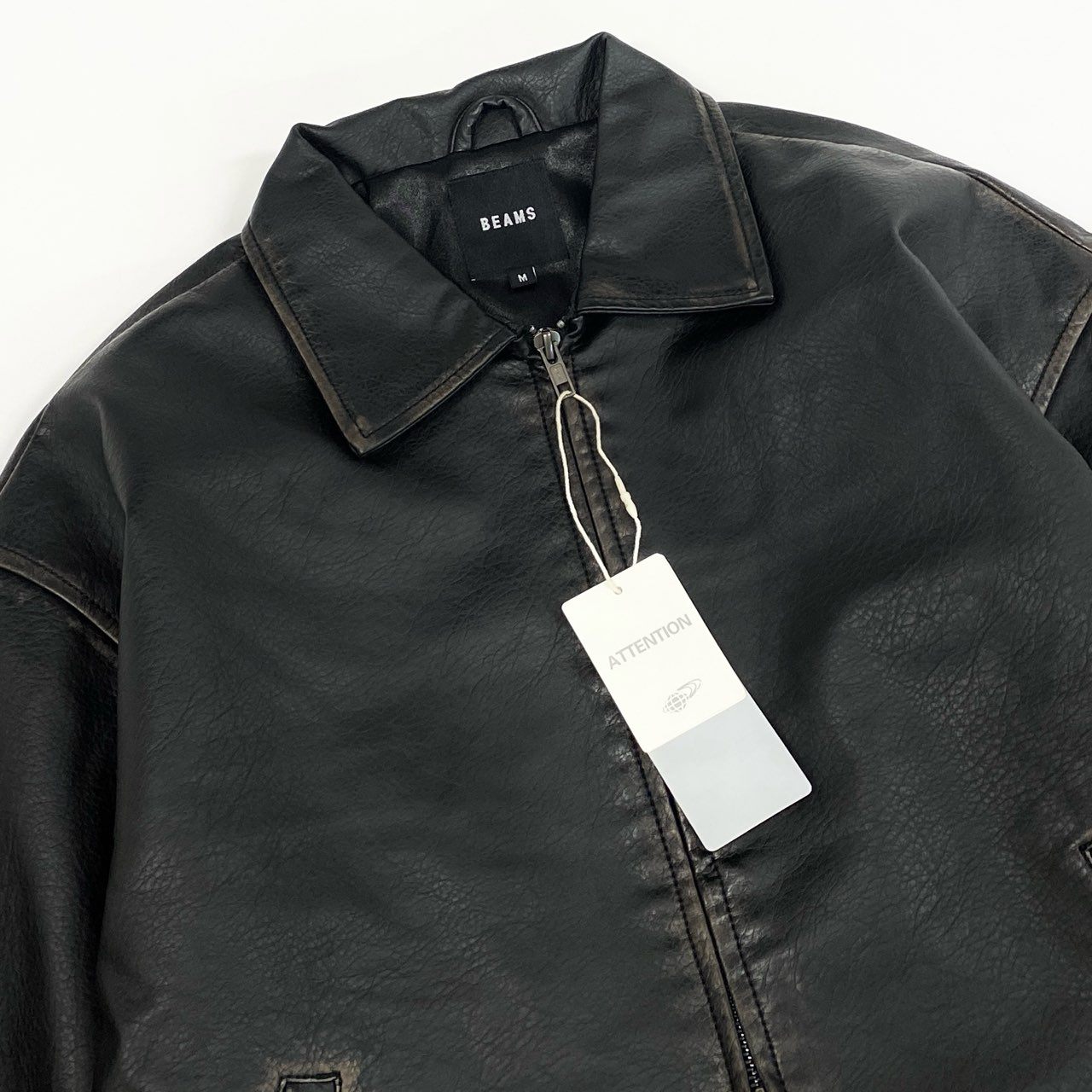 51f3 【新品タグ付き】 BEAMS ビームス 2024AW ユーズド加工 レザーブルゾン シングルライダース ジャケット 11-18-1831-202-19-22 サイズM ブラック レザー メンズ