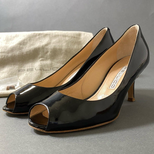 6f30 PELLICO ペリーコ オープントゥ パテントレザー パンプス 34 ブラック シューズ サンダル イタリア製