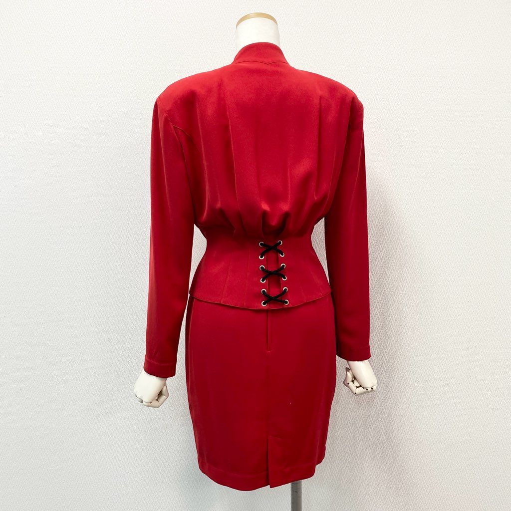 63d8-7 Thierry mugler ティエリー ミューグレー ジャケット/スカート スーツ セットアップ レースアップ 変形デザイン サイズ7AR/60-88 レッド ポリエステル100% レディース 日本製