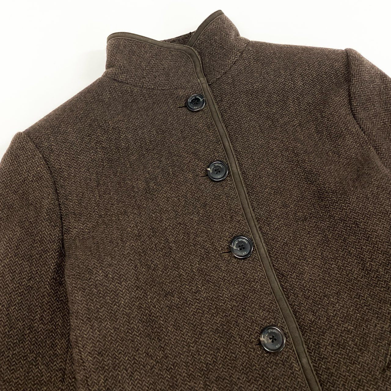 53e7 Brooks Brothers ブルックスブラザーズ レザーパイピング スタンドカラー ソフトツイードジャケット サイズ0 ブラウン 画像参照