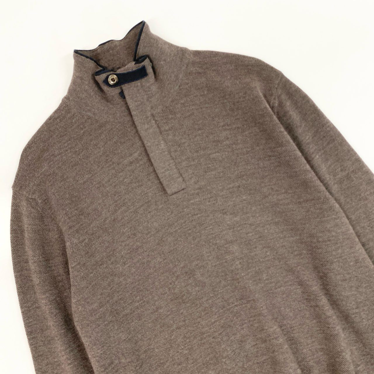 5i12 《美品》 Ermenegildo Zegna エルメネジルドゼニア ハイネック ニット セーター トップス レザーチンストラップ 48/S ブラウン ウールカシミヤ メンズu02t