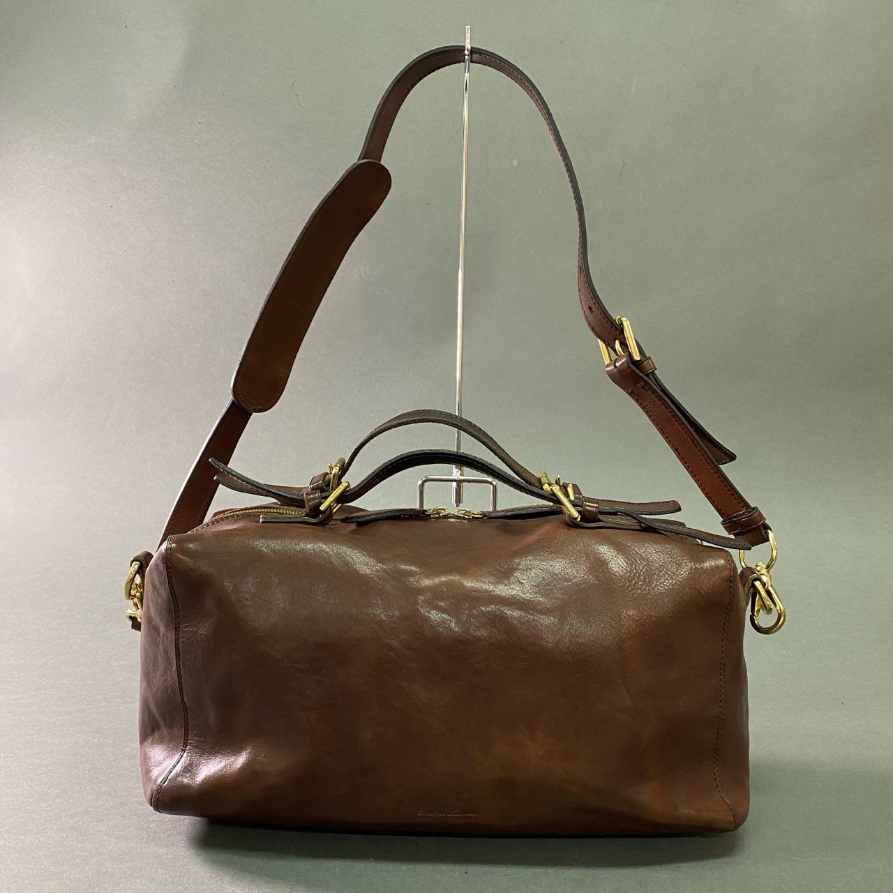 Db28 RALPH LAUREN ラルフローレン ミニボストンバッグ レザーバッグ ショルダーバッグ 2way 裏地チェック柄 ブラウン 本革