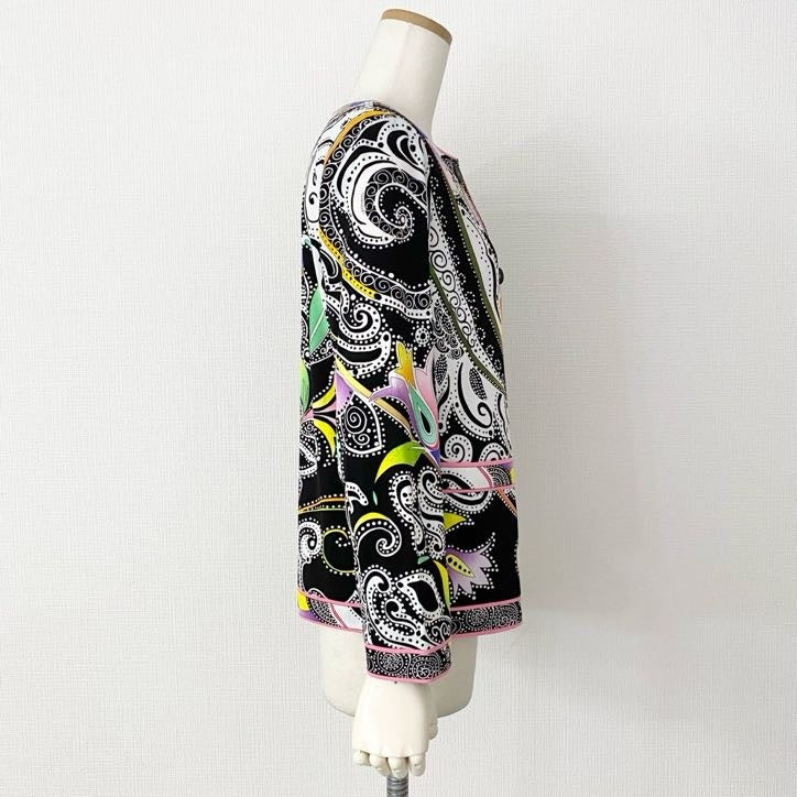 55i26 《美品》 LEONARD レオナール カンカン素地 薄手ノーカラージャケット カーディガン 羽織り 美しいプリント 0159518 サイズL マルチカラー レディース 日本製