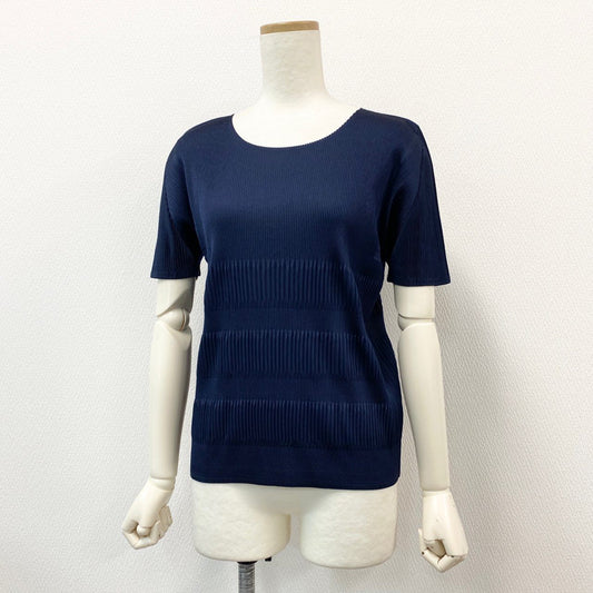 37a16 《美品》 PLEATS PLEASE プリーツプリーズ イッセイミヤケ プリーツ加工 半袖Tシャツ カットソー トップス PP93-FK882 サイズ3 ネイビー ポリエステル100% レディース 日本製