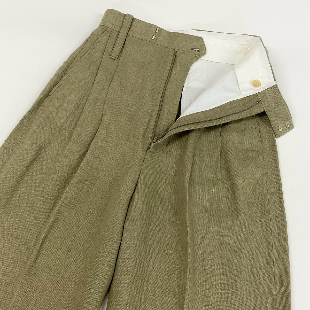 40h24 CELINE セリーヌ リネンパンツ ハイウエスト ワイドパンツ スラックス フィービー期 2 1V71/3230 34サイズ カーキ レディース 女性用k02i