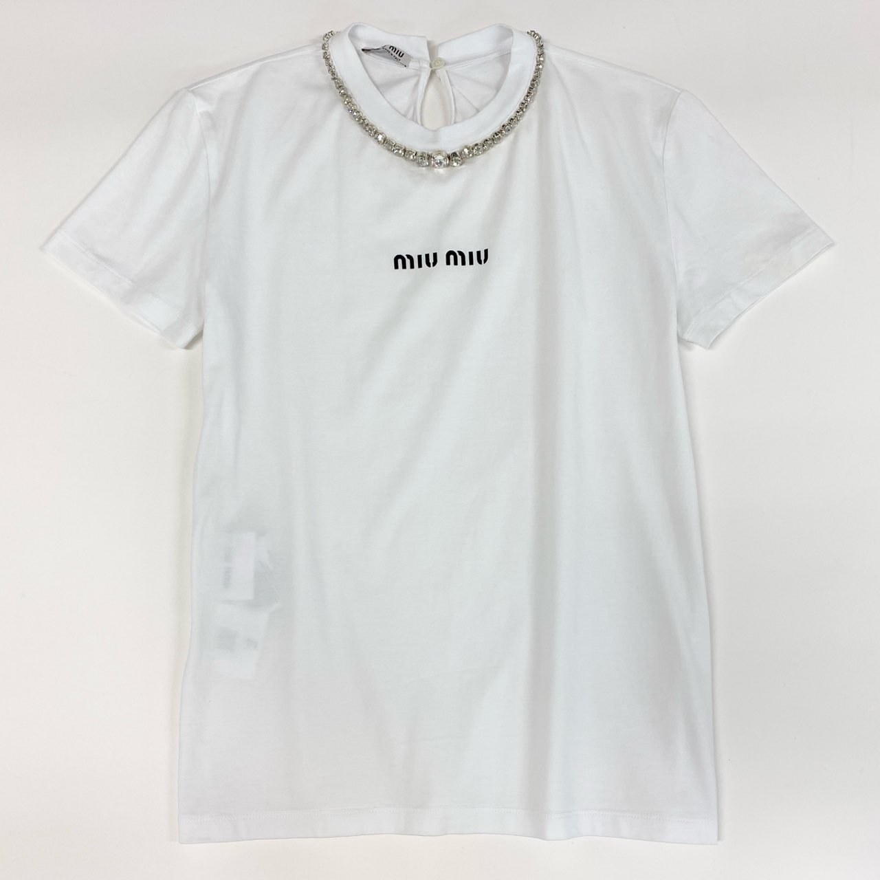 77f24 miu miu ミュウミュウ ロゴプリント 半袖カットソー ラインストーン Tシャツ ショートスリーブ トップス MJN264 XSサイズ ホワイト コットン レディース