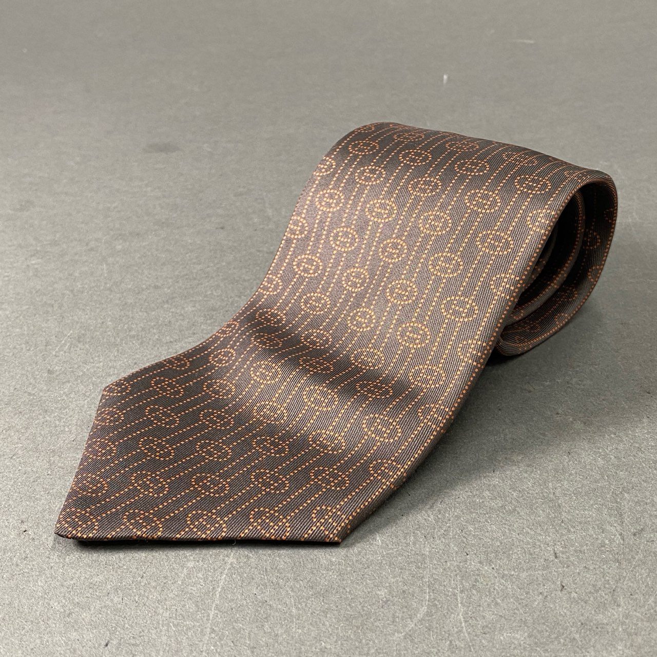 1f12 【美品】 HERMES エルメス Hロゴ エルメスオレンジ シルクネクタイ ブラウン シルク100% メンズ